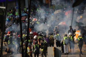 Journalists covering a protest in Hong Kong